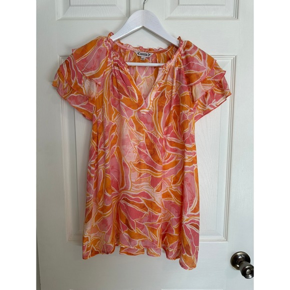 Nanette Lepore Tops - Nanette Lepore Orange  & Pink Floral Ruffle Sleeve‎ Top - Medium